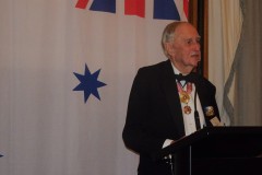 Rear Admiral Ian Crawford addressing the challenges of getting the AWE flown at the Tobruk Memorial in Canberra